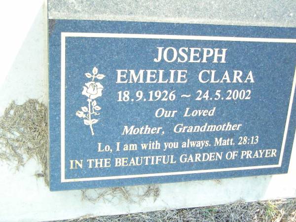 Emelie Clara JOSEPH,  | 18-9-1926 - 24-5-2002,  | mother grandmother;  | St Johns Evangelical Lutheran Church, Minden, Esk Shire  | 