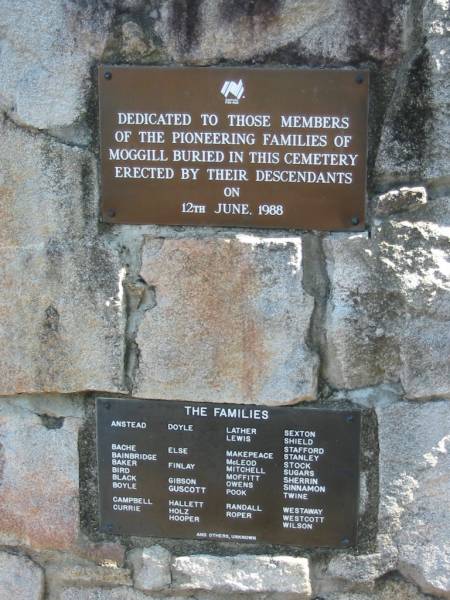 Anstead  | Bache  | Bainbridge  | Baker  | Bird  | Black  | Boyle  | Campbell  | Currie  | Doyle  | Else  | Finlay  | Gibson  | Guscott  | Hallett  | Holz  | Hooper  | Lather  | Lewis  | Makepeace  | McLeod  | Mitchell  | Moffitt  | Owens  | Pook  | Randall  | Roper  | Sexton  | Shield  | Stafford  | Stanley  | Stock  | Sugars  | Sherrin  | Sinnamon  | Twine  | Westaway  | Westcott  | Wilson  |   | Moggill Historic cemetery (Brisbane)  | 