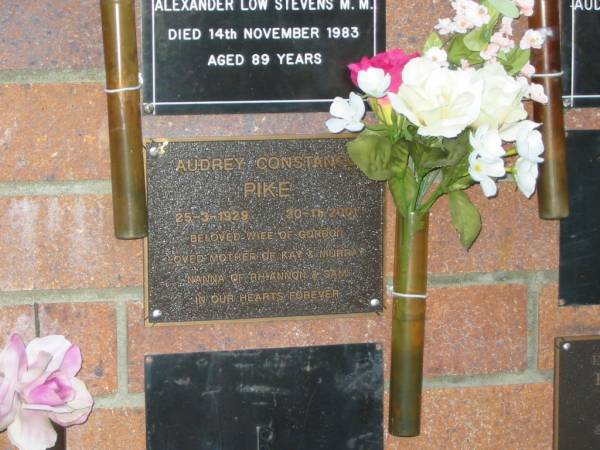 Audrey Constance PIKE,  | 25-3-1929 - 30-11-2001,  | wife of Gordon,  | mother of Kay & Murray,  | nanna of Rhiannon & Sam;  | Mooloolah cemetery, City of Caloundra  |   | 