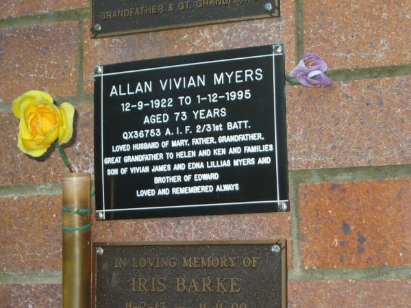 Allan Vivian MYERS,  | 12-9-1922 - 1-12-1995 aged 73 years,  | husband of Mary,  | father grandfather great-grandfather to  | Helen & Ken & families,  | son of Vivian James & Edna Lillias MYERS,  | brother of Edward;  | Mooloolah cemetery, City of Caloundra  |   | 