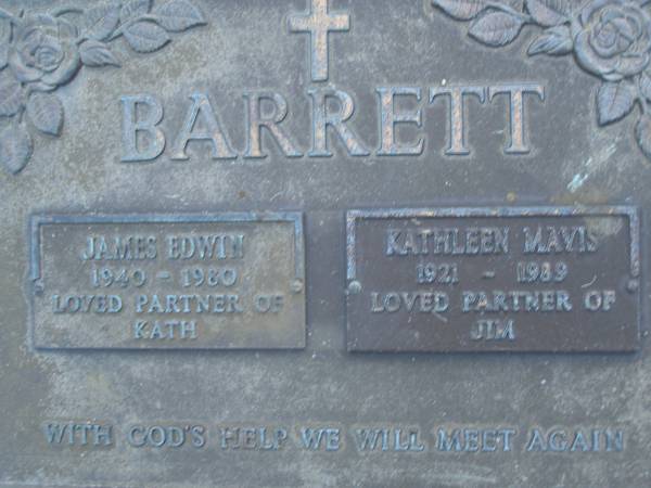 James Edwin BARRETT,  | 1940 - 1980,  | partner of Kath;  | Kathleen Mavis BARRETT,  | 1921 - 1989,  | partner of Jim;  | Mooloolah cemetery, City of Caloundra  |   | 