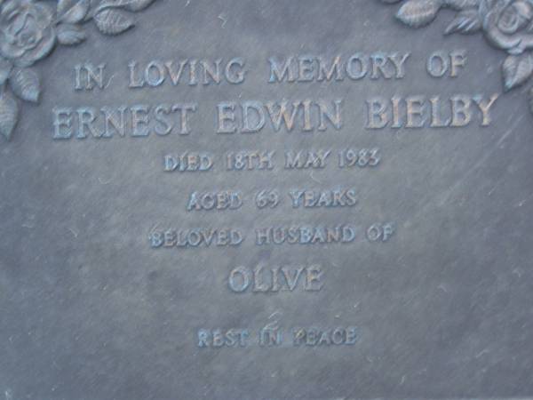 Ernest Edwin BIELBY,  | died 18 May 1983 aged 69 years,  | husband of Olive;  | Mooloolah cemetery, City of Caloundra  |   | 