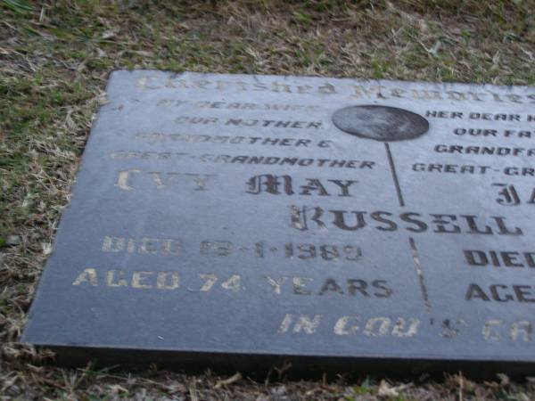 Ivy May RUSSELL,  | wife mother grandmother great-grandmother,  | died 13-1-1089 aged 74 years;  | Jack RUSSELL,  | husband father grandfather great-grandfather,  | died 7-9-1996 aged 84 years;  | Mooloolah cemetery, City of Caloundra  |   | 