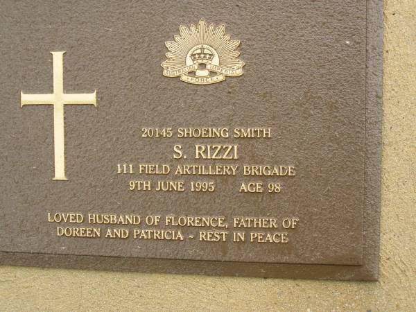 S. RIZZI,  | died 9 June 1995 aged 89 years,  | husband of Florence,  | father of Doreen & Patricia;  | Mooloolah cemetery, City of Caloundra  | 