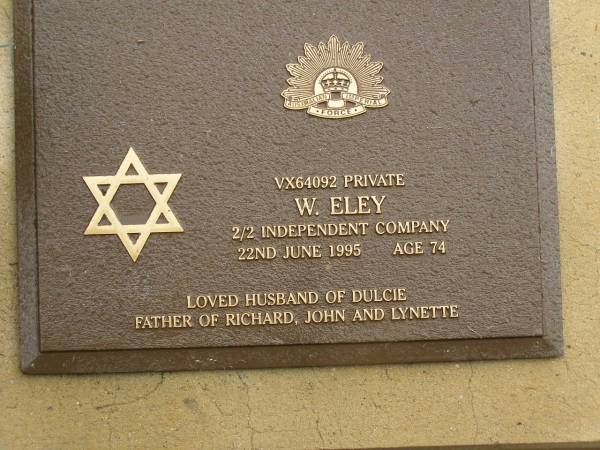 W. ELEY,  | died 22 June 1995 aged 74 years,  | husband of Dulcie,  | father of Richard, John, & Lynette;  | Mooloolah cemetery, City of Caloundra  | 