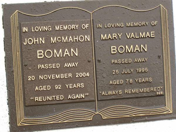 John McMahon BOMAN,  | died 20 Nov 2004 aged 92 years;  | Mary Valmae BOMAN,  | died 25 July 1995 aged 78 years;  | Mooloolah cemetery, City of Caloundra  | 