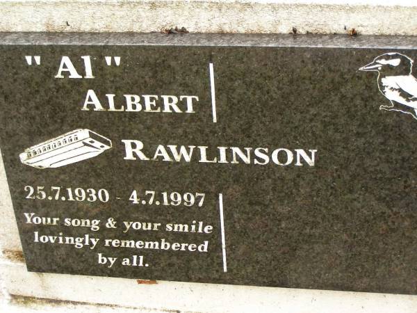 Albert (Al) RAWLINSON,  | 25-7-1930 - 4-7-1997;  | Mooloolah cemetery, City of Caloundra  | 