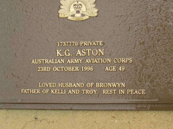 K.G. ASTON,  | died 23 Oct 1996 aged 49 years,  | husband of Bronwyn,  | father of Kelli & Troy;  | Mooloolah cemetery, City of Caloundra  | 