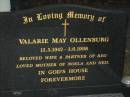 Valarie May OLLENBURG, 12-5-1942 - 3-6-1998, wife of Reg, mother of Noela & Neil; Mooloolah cemetery, City of Caloundra  