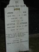 John MALTMAN, died 1 July 1916 aged 83 years; Letitia MALTMAN, wife, died 7 March 1917 aged 73 years; erected by sons & daughters; Mooloolah cemetery, City of Caloundra  