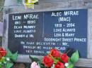 Leni MCRAE, 1910 - 1996, mummy, loved by Daddy & Mi; Alec (Mac) MCRAE, 1918 - 2004, loved Leni & Mary; Mooloolah cemetery, City of Caloundra  