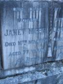 
Janet NISBET,
mother,
died 10 Nov 1954 aged 77 years;
Daniel NISBET,
husband father,
died 16 Feb 1941 aged 68 years;
Jessie Wishart NISBET,
died 18 Aug 1993 aged 82 years;
Margaret McAinsh NISBET,
died 6 Dec 1995 aged 87 years;
Mooloolah cemetery, City of Caloundra

