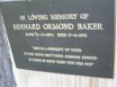 Bernard Ormond BAKER, born 14-5-1894, died 17-8-1976; Eva May BAKER, born 30-10-1893, died 10-1-1977; Mooloolah cemetery, City of Caloundra  