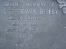 Ernest Edwin BIELBY, died 18 May 1983 aged 69 years, husband of Olive; Mooloolah cemetery, City of Caloundra  