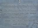 Donald A. MCLEOD, son of Merv & Nance, brother of Anne, died 15-8-79 aged 27 years; Mooloolah cemetery, City of Caloundra  