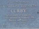 Gwendoline Elizabeth CURBY, wife of Normand, mother of Norman Jnr, Merle & Barry, 1918 - 1984; Mooloolah cemetery, City of Caloundra  