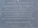 Dorothy M.T. SINN, born 24-4-1914, died 19-6-1986, wife of Charles Edward, mother of John & Julianne, nanna of Melissa & Tanya, sister of Bill, Marjorie, Les & Jack; Mooloolah cemetery, City of Caloundra  