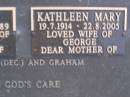 George BRIDGES, 29-1-1916 - 24-2-1989, husband of Kathleen, father of Pamela (dec) & Graham; Kathleen Mary BRIDGES, 19-7-1914 - 22-8-2005, wife of George, mother of Pamela (dec) & Graham; Mooloolah cemetery, City of Caloundra  