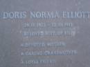 Doris Norma ELLIOTT, 28-11-1922 - 22-10-1987, wife of Bill. mother grandmother; Mooloolah cemetery, City of Caloundra  