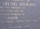 
Ernest (Blue) MILBURN,
born 22 Feb 1925,
died 20 July 1985,
husband of Joane,
father of Cheryl, Trevor, Karen & Leisa;
Mooloolah cemetery, City of Caloundra

