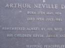 Arthur Neville D'ARCY, born 17 May 1924, died 19 July 1985, remembered by wife Juanita, children Kevin, Janice & Narelle; Mooloolah cemetery, City of Caloundra [REDO]  