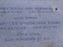 Sydney GOUGH (nee ROBINSON), born 4-4-1916, died 12-5-1982; Tracy Lee DYSON (nee EGAN), born 29-10-66, died 25-11-84; Mooloolah cemetery, City of Caloundra  