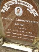 
Darryl Christopher GRAY,
22-9-52 - 30-4-90 aged 37 years,
father of Christopher;
Mooloolah cemetery, City of Caloundra

