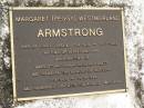 Margaret (Peggy) Westmoreland ARMSTRONG, 7-3-1920 - 20-9-1995, wife of Ernest Leslie 1-4-1914 - 30-7-1983, mother of Lesley & Ann, grandmother of Gary, Stuart, Emma-Kate & Brett; Mooloolah cemetery, City of Caloundra 