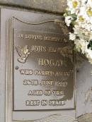 John Edward HOGAN, died 26 June 1999 aged 82 years; Mooloolah cemetery, City of Caloundra 