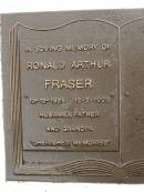 Ronald Arthur FRASER, 10-12-1925 - 12-2-1998, husband father grandpa; Mooloolah cemetery, City of Caloundra 