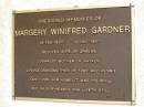 Margery Winifred GARDNER, 13 Feb 1937 - 12 Nov 1997, wife of Graeme, mother of Natalie, grandmother of Toby & Rennie; Mooloolah cemetery, City of Caloundra 