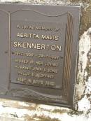 
Aeritta Mavis SKENNERTON,
15-2-1920 - 28-7-1996,
husband John,
sons Phillip & Geoffrey;
Mooloolah cemetery, City of Caloundra
