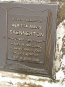 Aeritta Mavis SKENNERTON, 15-2-1920 - 28-7-1996, husband John, sons Phillip & Geoffrey; Mooloolah cemetery, City of Caloundra 