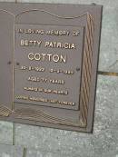 Betty Patricia COTTON, 30-8-1922 - 12-9-1999 aged 77 years; Mooloolah cemetery, City of Caloundra 