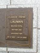 
Clarice Irene LAUMAN,
wife mother grandmother,
23-4-1922 - 23-12-2000;
Mooloolah cemetery, City of Caloundra
