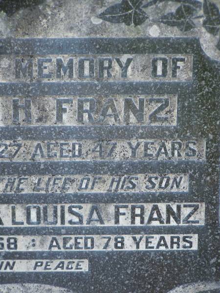 Roland H. FRANZ,  | died saving the life of his son  | 5 Feb 1927 aged 47 years;  | Elfreda Louisa FRANZ,  | died 16 June 1958 aged 78 years;  | Moore-Linville general cemetery, Esk Shire  | 