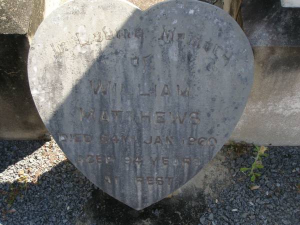 Joseph H.S. MATTHEWS,  | died 5 June 1928 aged 26 years;  | Mary Jane MATTHEWS,  | died 1 Oct 1930 aged 60 years;  | William MATTHEWS,  | died 24 Jan 19650 aged 94 years;  | Moore-Linville general cemetery, Esk Shire  | 