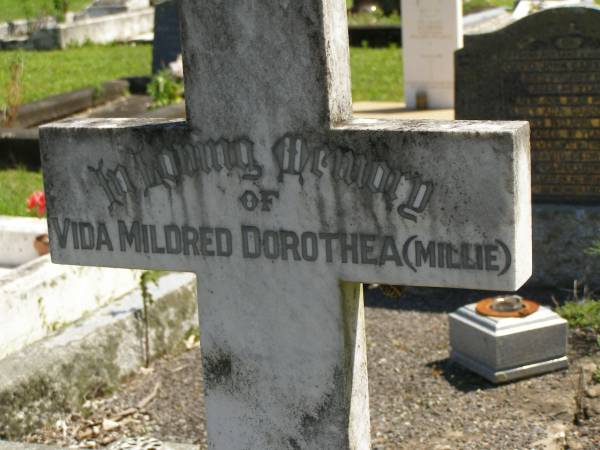 Vida Mildred Dorothea (Millie),  | wife of Henry HOPLEY,  | daughter of John & Lucy CARSELDINE,  | died 3 March 1930 aged 21 years;  | Moore-Linville general cemetery, Esk Shire  | 