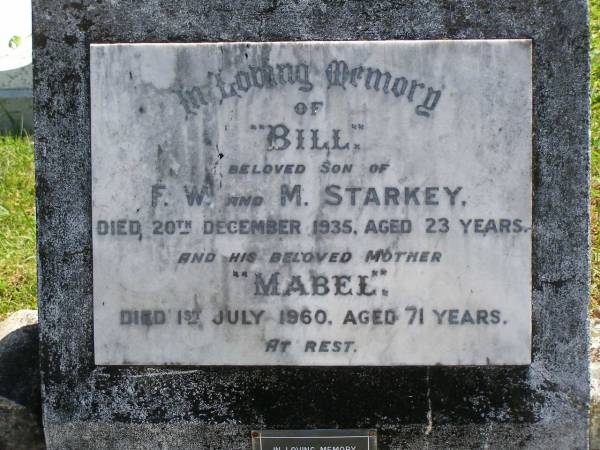 Bill,  | son of F.W. & M. STARKEY,  | died 20 Dec 1935 aged 23 years;  | Mabel,  | mother,  | died 1 July 1960 aged 71 years;  | Frederick W. STARKEY,  | died 30 April 1970 aged 84 years;  | Moore-Linville general cemetery, Esk Shire  | 