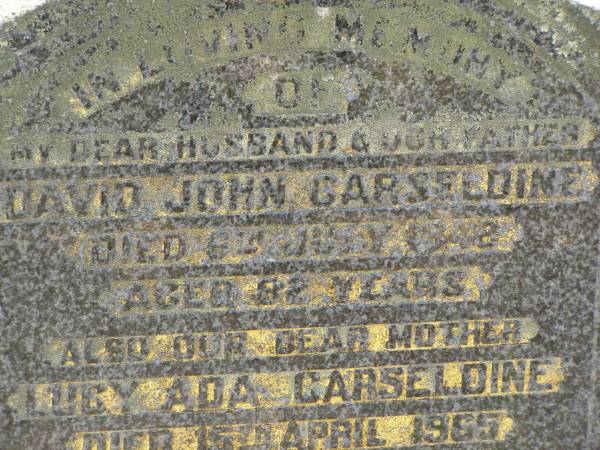 David John CARSELDINE,  | husband father,  | died 9 July 1948 aged 82 years;  | Lucy Ada CARSELDINE  | died 15 April 1965 aged 91 years;  | David George CARSELDINE,  | killed in action 1918;  | Moore-Linville general cemetery, Esk Shire  | 