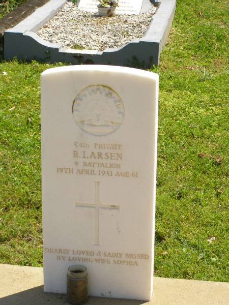 B. LARSEN,  | died 19 April 1051 aged 61 years,  | missed by wife Sophia;  | Moore-Linville general cemetery, Esk Shire  | 