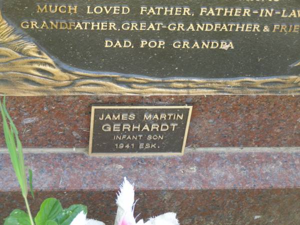 Ervyn John Gustav GERHARDT,  | 3-1-1911 - 3-12-2002,  | husband of Mavis,  | father father-in-law grandfather great-grandfather;  | James Martin GERHARDT,  | infant son,  | died 1941 Esk;  | Kay Helen GERHARDT,  | infant daughter,  | died 1948 Toowong;  | Moore-Linville general cemetery, Esk Shire  | 