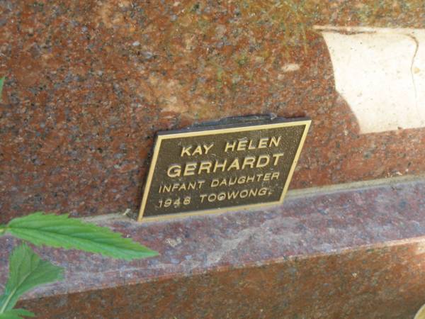 Ervyn John Gustav GERHARDT,  | 3-1-1911 - 3-12-2002,  | husband of Mavis,  | father father-in-law grandfather great-grandfather;  | James Martin GERHARDT,  | infant son,  | died 1941 Esk;  | Kay Helen GERHARDT,  | infant daughter,  | died 1948 Toowong;  | Moore-Linville general cemetery, Esk Shire  | 