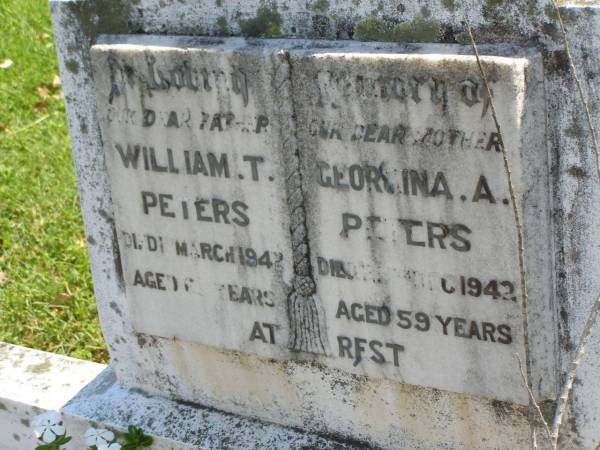 William T. PETERS,  | father,  | died 17? March 1942 aged 63? years;  | Georgina A. PETERS,  | mother,  | died 25? Dec 1942 aged 59 years;  | Moore-Linville general cemetery, Esk Shire  | 