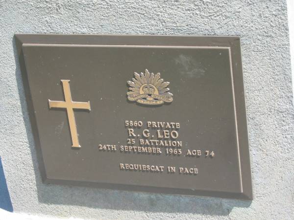 R.G. LEO,  | died 24 Sept 1963 aged 74 years;  | Moore-Linville general cemetery, Esk Shire  | 