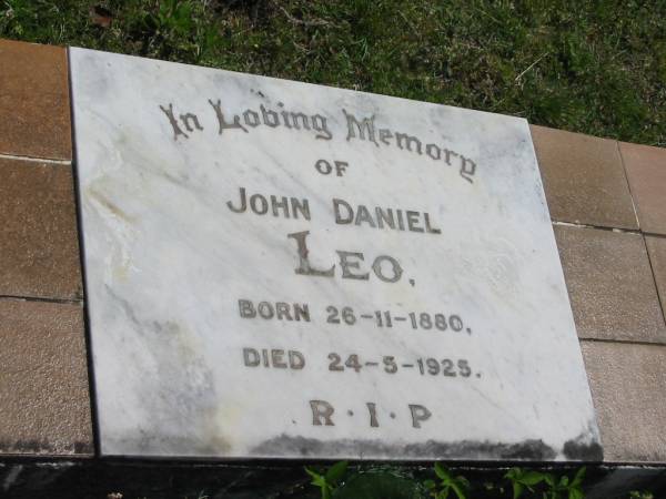 John Daniel LEO,  | born 26-11-1880,  | died 24-5-1925;  | Moore-Linville general cemetery, Esk Shire  | 