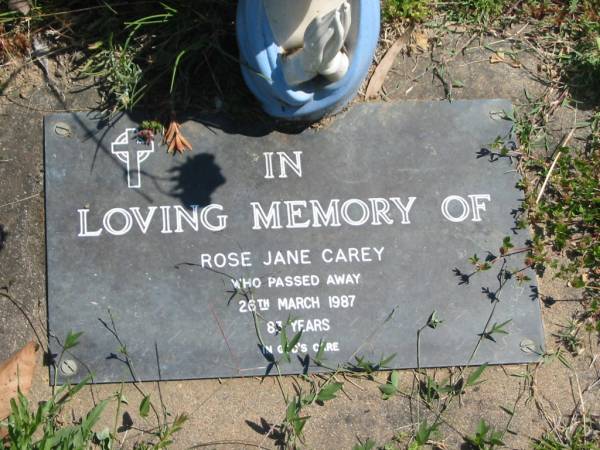 Rose Jane CAREY,  | died 26 March 1987 aged 83 years;  | Moore-Linville general cemetery, Esk Shire  | 