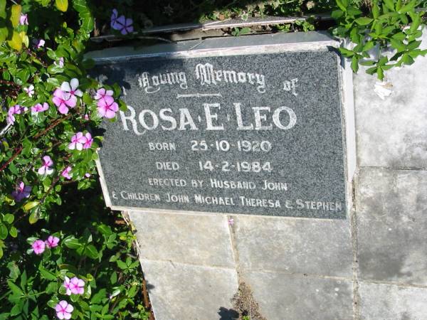 Rosa E. LEO,  | born 25-10-1920,  | died 14-2-1984,  | husband John,  | children John, Michael, Theresa & Stephen;  | Moore-Linville general cemetery, Esk Shire  | 