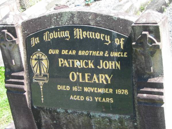 Patrick John O'LEARY,  | brother uncle,  | died 16 Nov 1978 aged 63 years;  | Moore-Linville general cemetery, Esk Shire  | 
