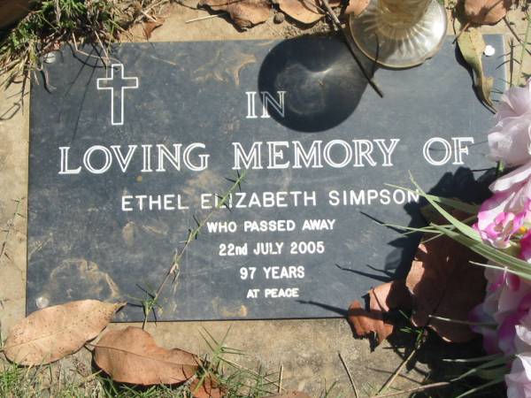 Ethel Elizabeth SIMPSON,  | died 22 July 2005 aged 97 years;  | Moore-Linville general cemetery, Esk Shire  | 